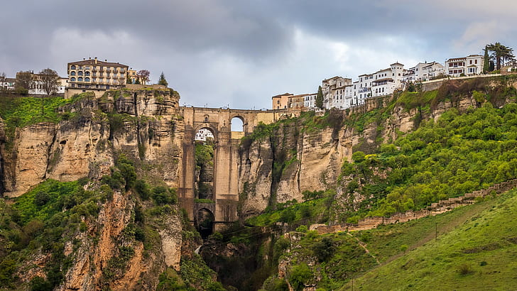 Ронда, Малага, Испания, скалы, горы, здание, HD обои