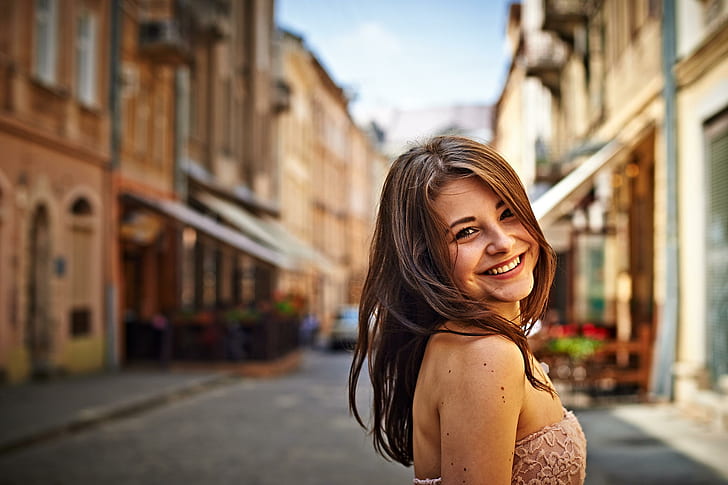 модель, Дана Кареглазая, улыбается, женщины на улице, HD обои