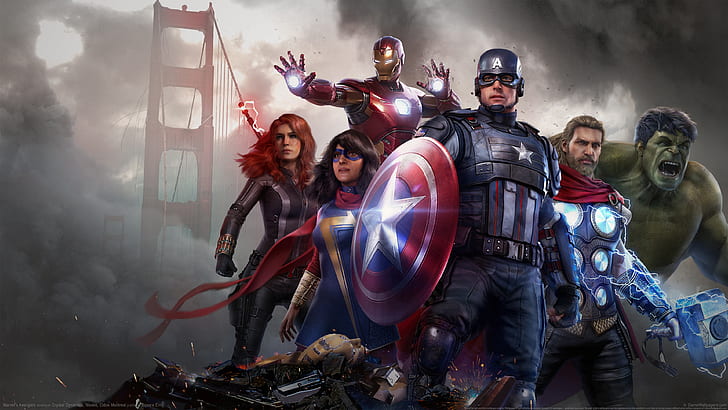 Vingadores da Marvel, videogames, arte de videogame, arte digital, Hulk, Capitão América, Viúva Negra, Homem de Ferro, Thor, ponte, HD papel de parede