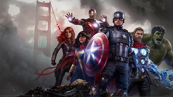 Marvel's Avengers, videospel, videospelkonst, digital konst, Hulk, Captain America, Black Widow, Iron Man, Thor, bridge, HD tapet HD wallpaper
