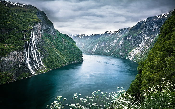 nature landscape waterfall water hills cliff flowers norway geiranger fjord seven sisters waterfall, HD wallpaper