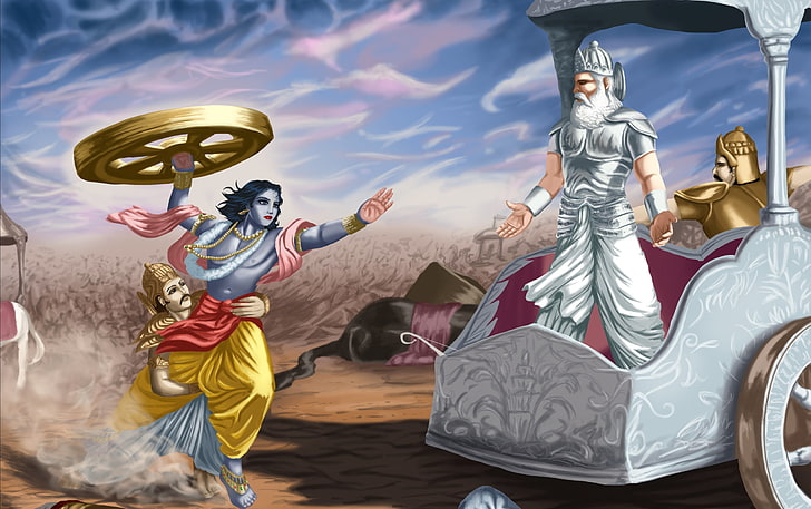 Господь Кришна и Бхишма Питама, иллюстрация индуистского бога, Бог, Господь Кришна, война, Бхишма питама, HD обои