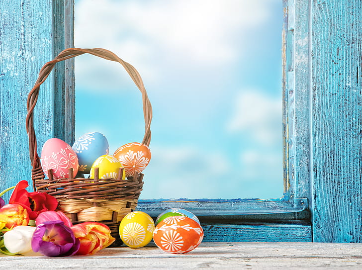 flowers, eggs, spring, window, Easter, tulips, decoration, basket, Happy, HD wallpaper