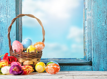 kwiaty, jajka, wiosna, okno, Wielkanoc, tulipany, dekoracja, kosz, Happy, Tapety HD HD wallpaper