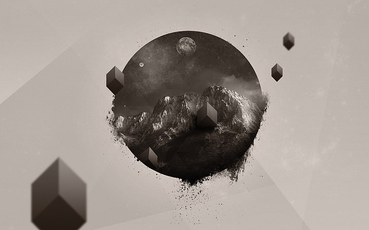 Illustrazione rotonda nera della montagna rocciosa, minimalismo, arte digitale, compendio, montagne, natura, pianeta, cubo, Sfondo HD