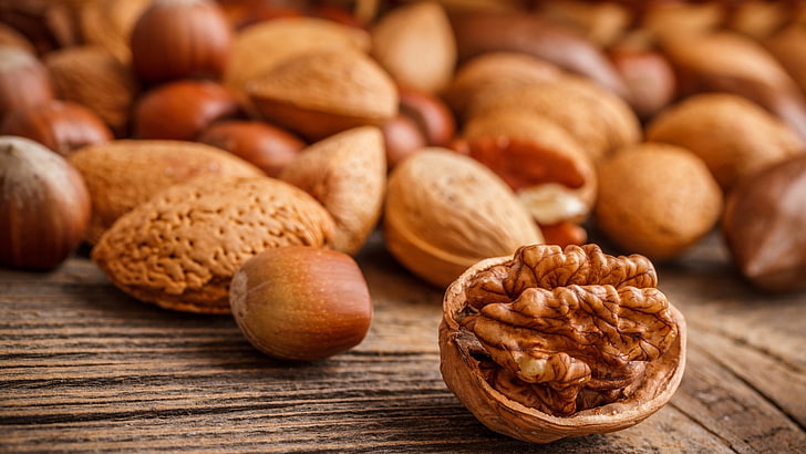 nuts, closeup, food, wooden surface, walnuts, HD wallpaper