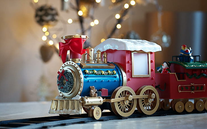 Коледни играчки, декорации, прекрасна, нова година, празници, весела Коледа, честита нова година, влак, весели празници, HD тапет