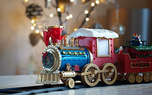 Елочные игрушки, украшения, милые, новый год, праздники, с рождеством, с новым годом, поезд, веселые праздники, HD обои HD wallpaper