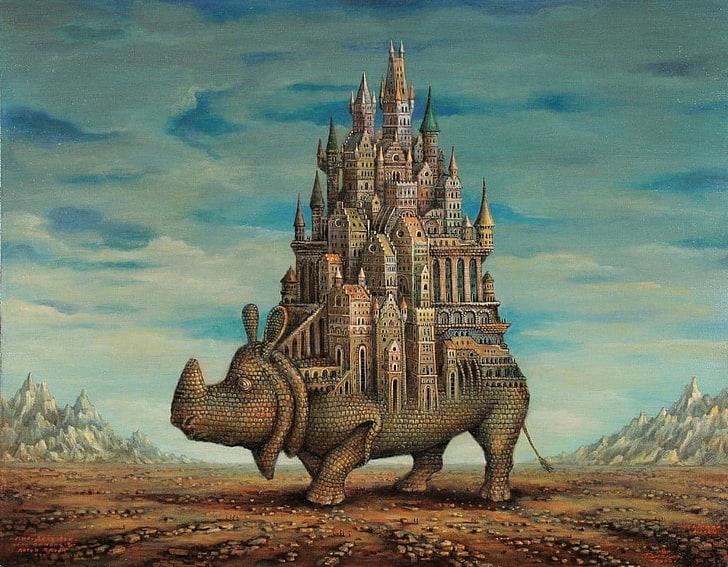 rhinoceros illustration, fantasy art, artwork, drawing, rhino, bricks, castle, tower, rock, clouds, surreal, animals, HD wallpaper