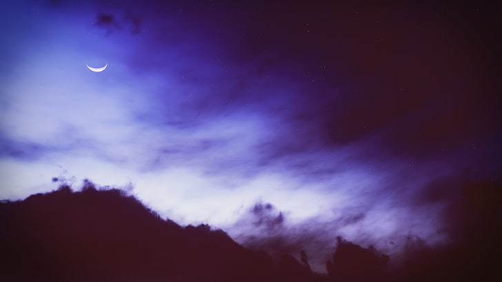 papier peint croissant de lune, lune, sombre, bleu, nuages, nuit, étoiles, Fond d'écran HD