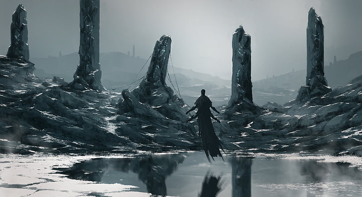 deux figurines en céramique noir et blanc, neige, démon, reflet, froid, eau, roches, quatre bras, monochrome, hiver, Fond d'écran HD