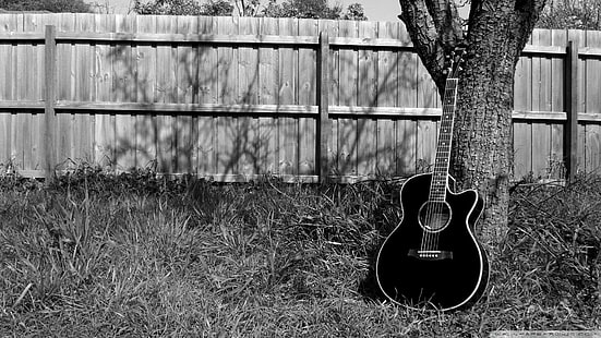 Acoustic Guitar, acoustic, guitar, black, tree, white, music, photography, colorless, strings, 3d and abstract, HD wallpaper HD wallpaper