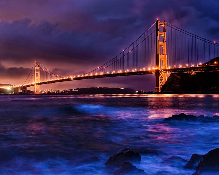 пейзаж, планини, нощ, мост, проток, осветление, Калифорния, Сан Франциско, Голдън гейт, САЩ, мост Голдън Гейт, HD тапет