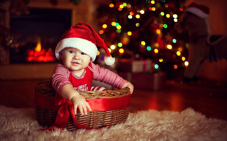 Cute Baby Wearing Christmas Cap, brown wicker basket, Baby, , christmas, cute, colorful, lights, hat, HD wallpaper