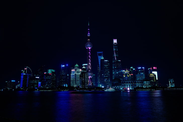 пейзажная фотография городского пейзажа, город, огни, ночь, Китай, вода, HD обои