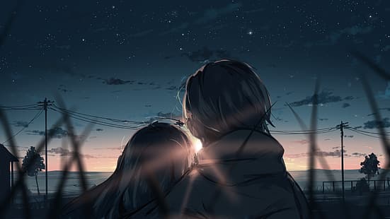  couple, romantic, sky, sunset, original characters, Arttssam, HD wallpaper HD wallpaper