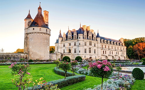 France, Chenonceau chateau, castle, lawn, bushes, garden, France, Chenonceau, Chateau, Castle, Lawn, Bushes, Garden, HD wallpaper HD wallpaper