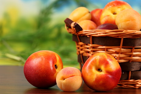 red apple fruits, peaches, nectarines, apricots, fruit, basket, HD wallpaper HD wallpaper