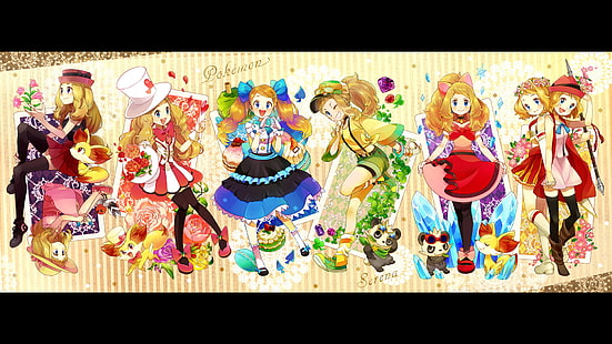 Pokémon, blondin, blå ögon, rodnad, stövlar, klänning, örhängen, Fennekin (Pokémon), blomma, flicka, glasögon, handske, hatt, smycken, långt hår, Pancham (Pokémon), rosa klänning, lila ögon, röda ögon, Serena (Pokémon), Kort hår, shorts, kjol, leende, lårhöga, twintails, rosett (kläder), HD tapet HD wallpaper