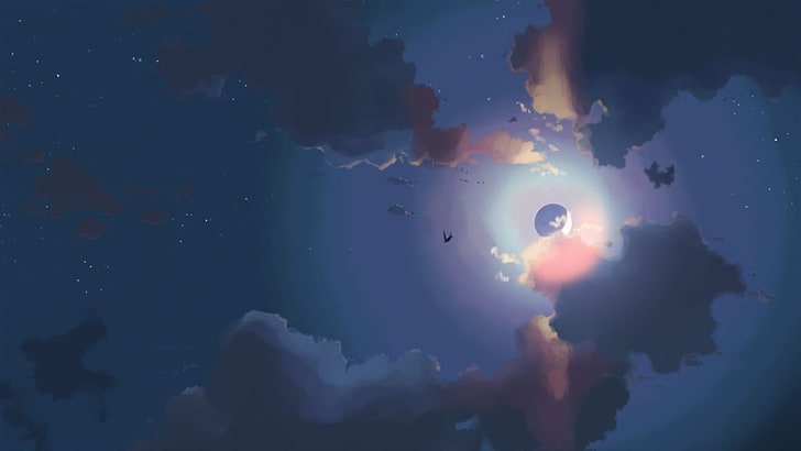 fondo de pantalla digital de luna, noche, obra de arte, cielo, luna, nubes, Fondo de pantalla HD