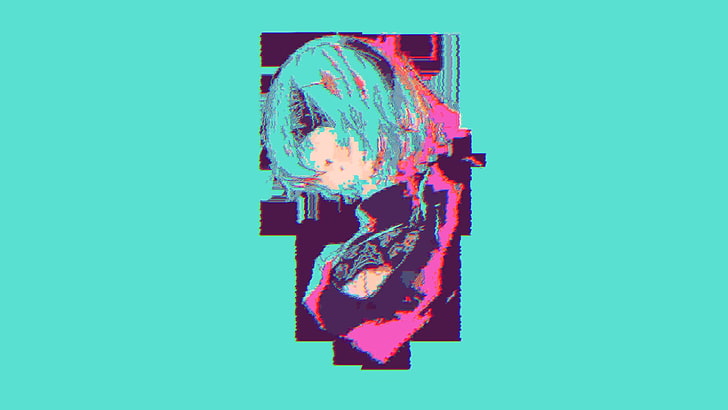 Illustration eines grünhaarigen weiblichen Anime-Charakters, Vaporwave, 2B (Nier: Automata), Nier: Automata, einfacher Hintergrund, NieR, HD-Hintergrundbild