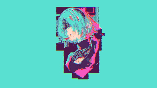 ilustração de personagem de anime feminino de cabelos verdes, vaporwave, 2B (Nier: Automata), Nier: Automata, fundo simples, NieR, HD papel de parede HD wallpaper