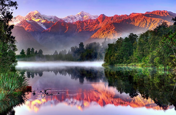 body of water and trees, Mountains, Aoraki/Mount Cook, Lake Matheson, Mount Cook, New Zealand, Reflection, South Island (New Zealand), Southern Alps, Sunlight, HD wallpaper