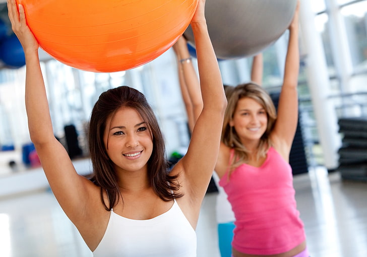 gym, training, exercises, gym balls, ball women, HD wallpaper