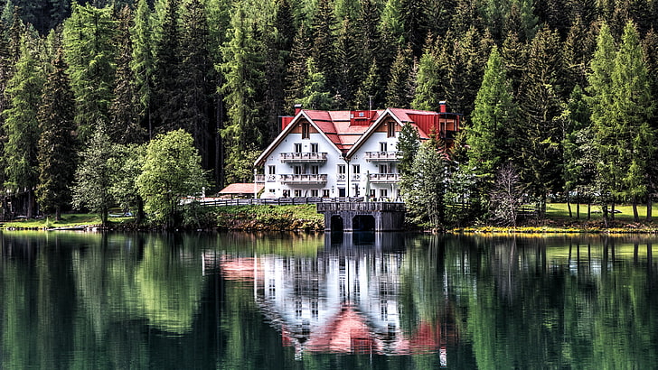 estate, antholz valley, alps, europe, south tyrol, bolzano, italy, antholzer see, vacation, lakeside, hotel, real estate, landscape, reflection, pond, cottage, plant, home, house, leaf, forest, lake, tree, nature, water, HD wallpaper