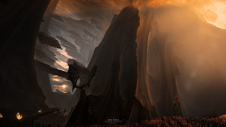 ilustração da montanha negra, arte da fantasia, dragão, Kuldar Leement, HD papel de parede