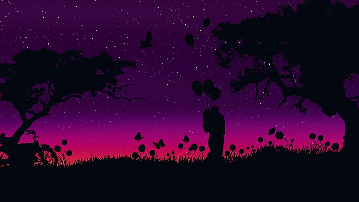 ungu, pasangan, romantis, malam, langit malam, langit ungu, cinta, romansa, bayangan hitam, matahari terbenam, Wallpaper HD