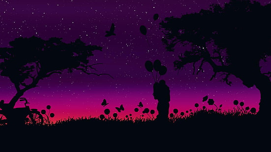 fioletowy, para, romantyczny, noc, nocne niebo, fioletowe niebo, miłość, romans, sylwetka, zachód słońca, Tapety HD HD wallpaper