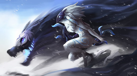 personaggio lupo bianco e blu, League of Legends, Kindred, videogiochi, fantasy art, Sfondo HD HD wallpaper