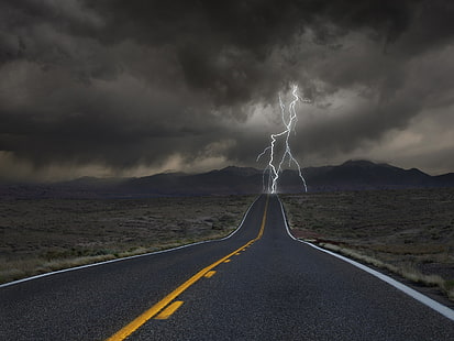gray asphalt road, road, storm, lightning, desert, HD wallpaper HD wallpaper