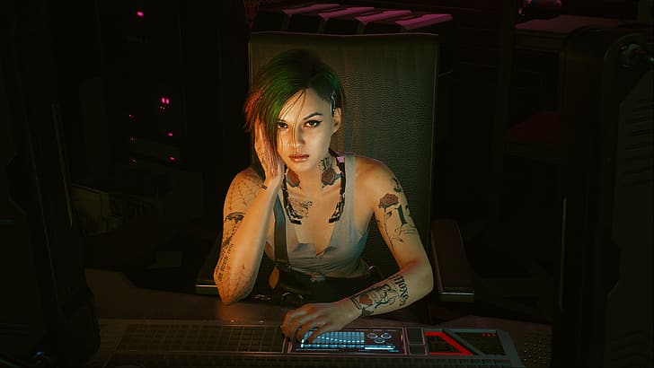 Judy Alvarez, keyboards, tattoo, Cyberpunk 2077, looking at viewer, looking at person, CD Projekt RED, video game girls, green hair, hand on face, hands in hair, hand on head, HD wallpaper