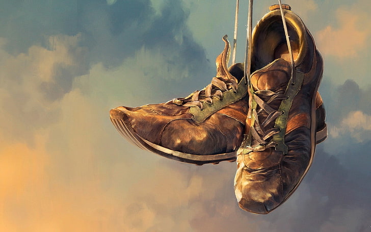 pair of brown low-top sneakers painting, sneakers, shoes, old, laces, HD wallpaper
