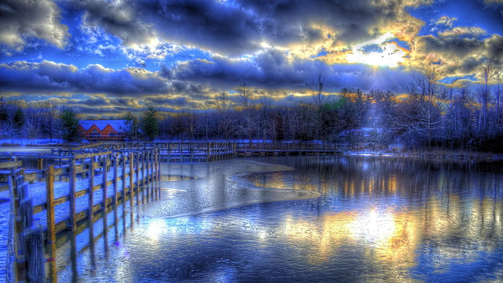 musim dingin, alam, langit, air, embun beku, awan, malam, es, kebiruan, pohon, danau, dingin, salju, senja, indah, Wallpaper HD