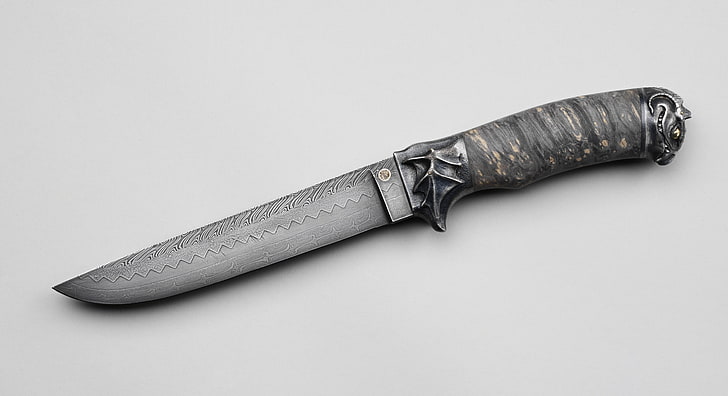 grey handled knife, weapons, pattern, knife, Damascus steel, HD wallpaper