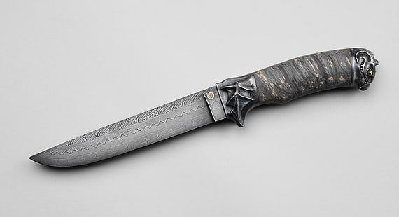 нож с серой ручкой, оружие, выкройка, нож, дамасская сталь, HD обои HD wallpaper