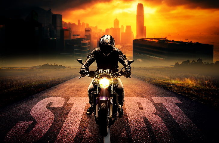 motocicletta nera, motociclista, bici, motocicletta, motociclista, photoshop, Sfondo HD
