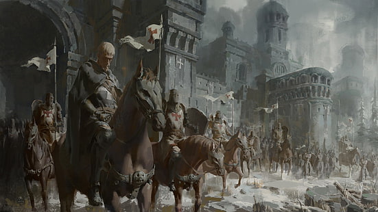 Fantasy, rycerz, zamek, krzyżowiec, koń, wojownik, Tapety HD HD wallpaper