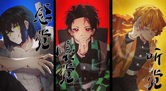  anime, Kimetsu no Yaiba, Kamado Tanjirō, Tanjiro Kamado, Zenitsu Agatsuma, HD wallpaper HD wallpaper