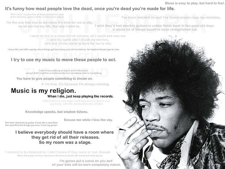 Jimi Hendrix, mężczyźni, piosenkarz, Jimi Hendrix, gitara, blues rock, legendy, afro, cytat, monochromatyczny, twarz, papierosy, muzyk, Tapety HD