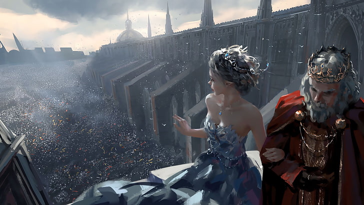 girl, fantasy, party, cathedral, dress, crown, man, crowd, elf, digital art, artwork, princess, fantasy art, king, cloak, necklace, dome, church, tiara, bare shoulders, pointed ears, sapphire, Ghost blade, Wlop, strapless, HD wallpaper