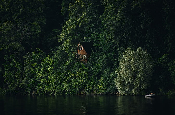 photography, forest, reflection, raft, lake, landscape, nature, Daniil Silantev, tree house, HD wallpaper