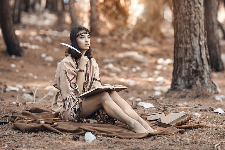 Alessandro Di Cicco, dark hair, hairband, Native American clothing, feathers, books, writing, pencils, nature, trees, forest, bracelets, HD wallpaper