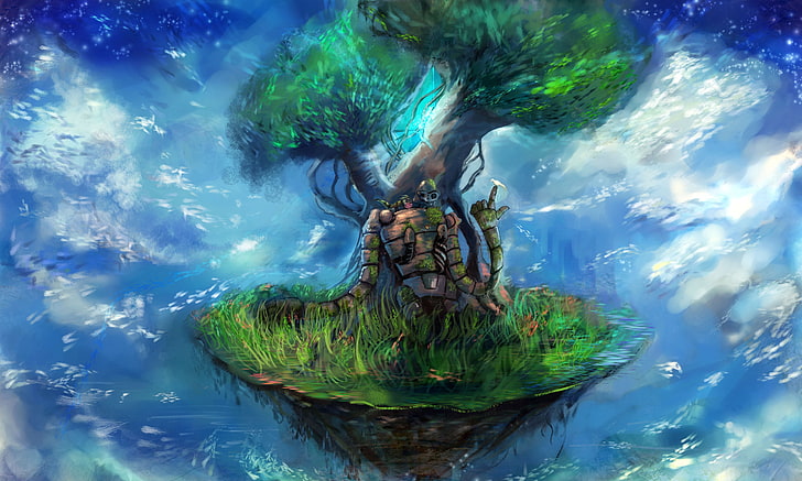 лиственные иллюстрации деревьев, студия Ghibli, замок в небе, аниме, фэнтези арт, природа, деревья, HD обои