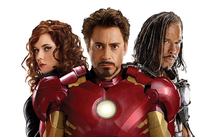 Marvel Cinematic Universe Iron-Man 2 postacie, aktorka, Scarlett Johansson, aktor, czarny charakter, bokser, Czarna Wdowa, Robert Downey Jr., bat, Ivan Vanko, Mickey Rourke, Tony Stark, Iron Man 2, Tapety HD