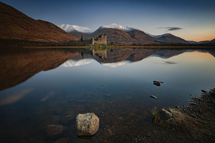 brown concrete building near bodies of water, Kilchurn, concrete, building, bodies of water, jones, samsung, castle, scotland, haggis, loch  awe, highlands, lake, nature, mountain, reflection, landscape, water, outdoors, scenics, sky, beauty In Nature, HD wallpaper