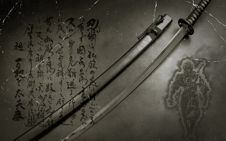 pedang perak, pedang, anime, Jepang, seni digital, katana, kanji, tipografi, Wallpaper HD